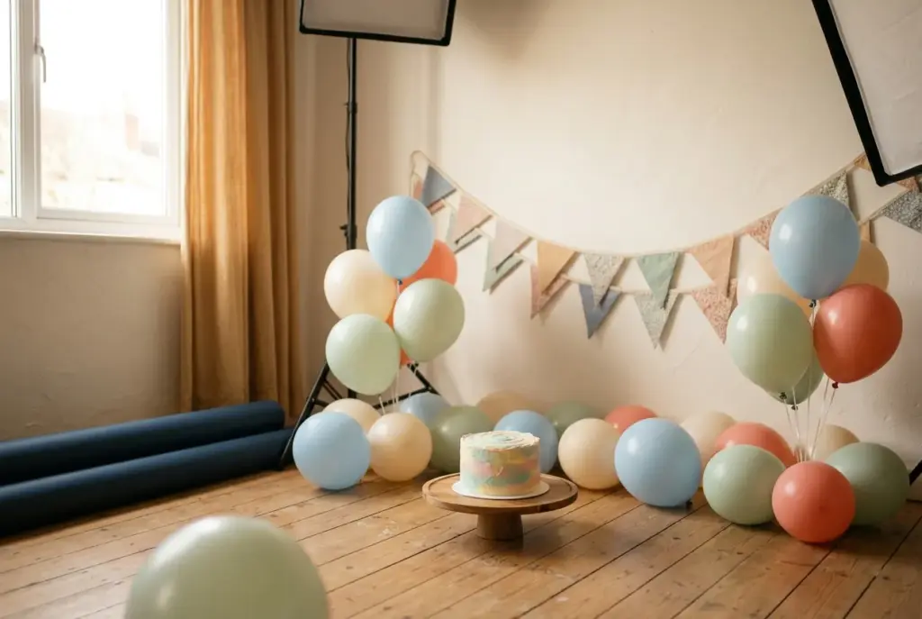 Decoratieve studio-opstelling met ballonnen en meptaart voor cake smash