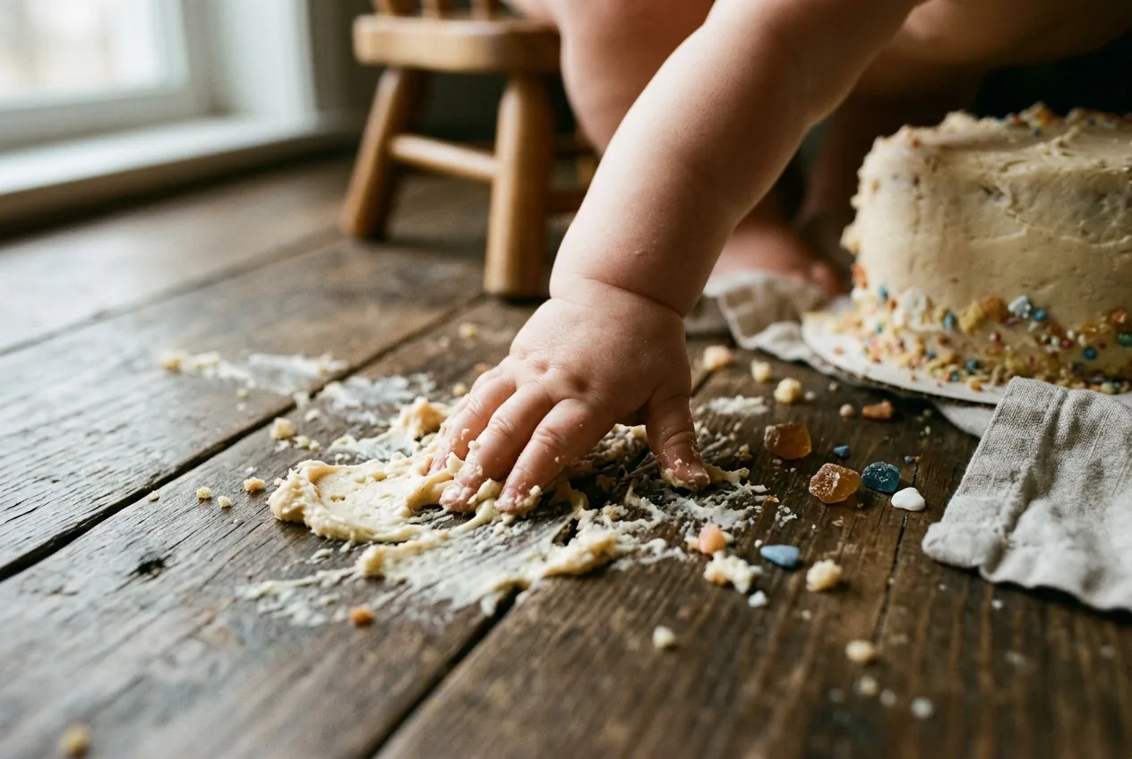 Babyhand in taart tijdens een cake smash, kleurrijke versiering