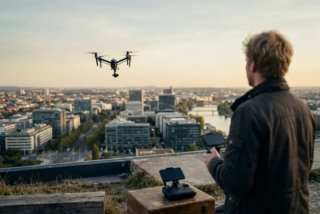 Drone vliegt boven bedrijventerrein met controller in beeld