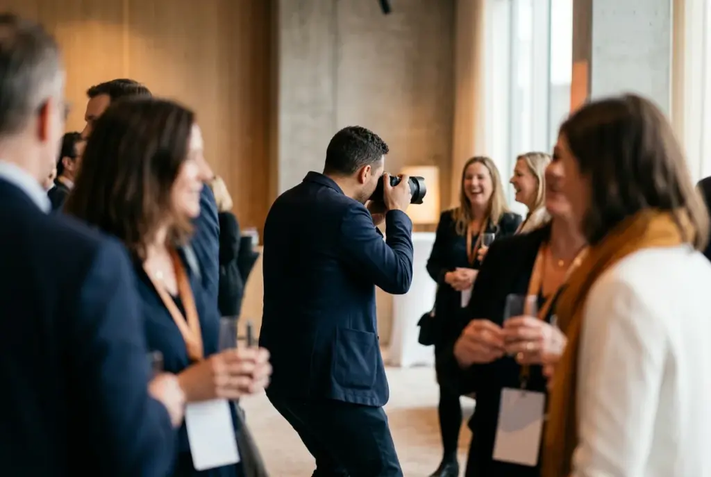 Evenementenfotograaf aan het werk tijdens een zakelijk congres