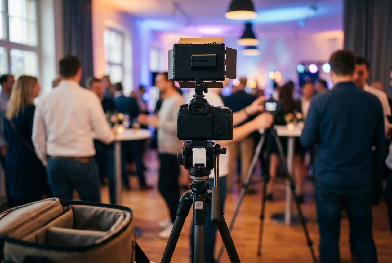 Camera met ledpaneel op statief, klaar voor feestfotografie