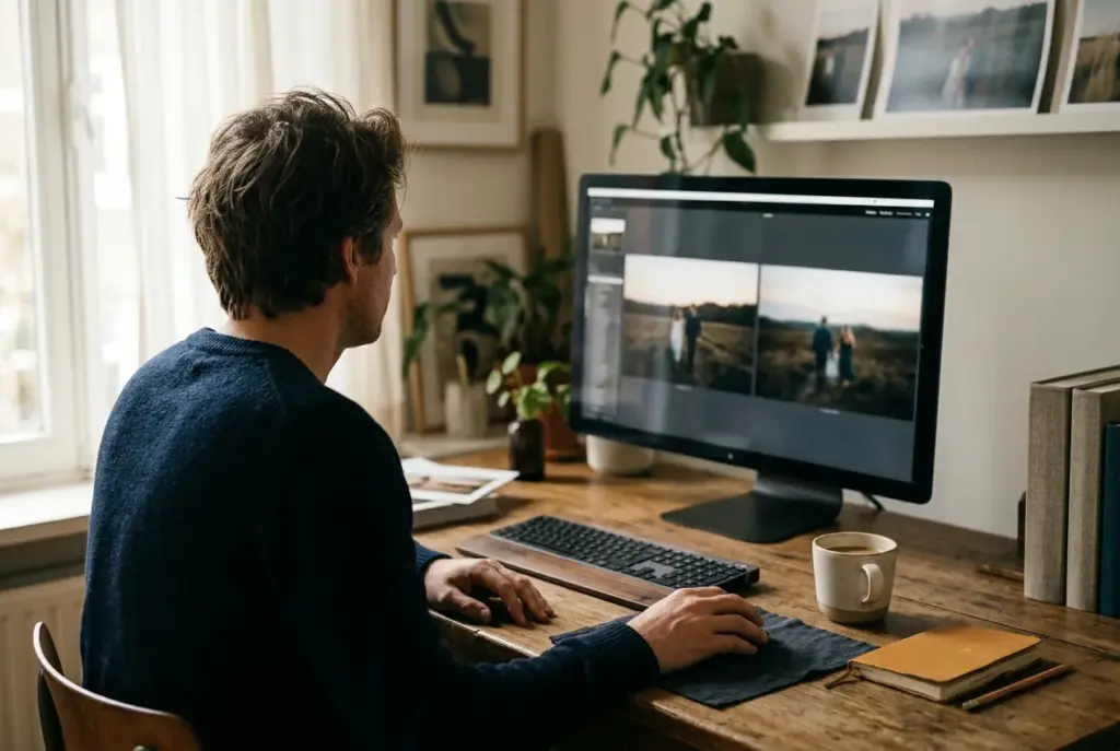 Werkplek voor fotobewerking met computer, rustige sfeer en daglicht