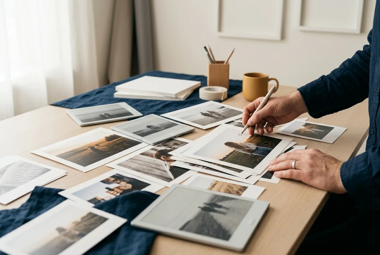 Selectie van digitale en geprinte foto’s op tafel, hand wijst favoriete aan
