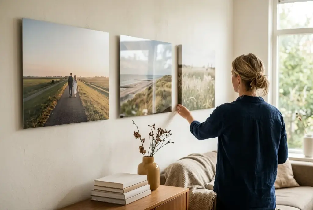 Interieur met wanddecoratie: aluminium dibond, plexiglas en canvas foto
