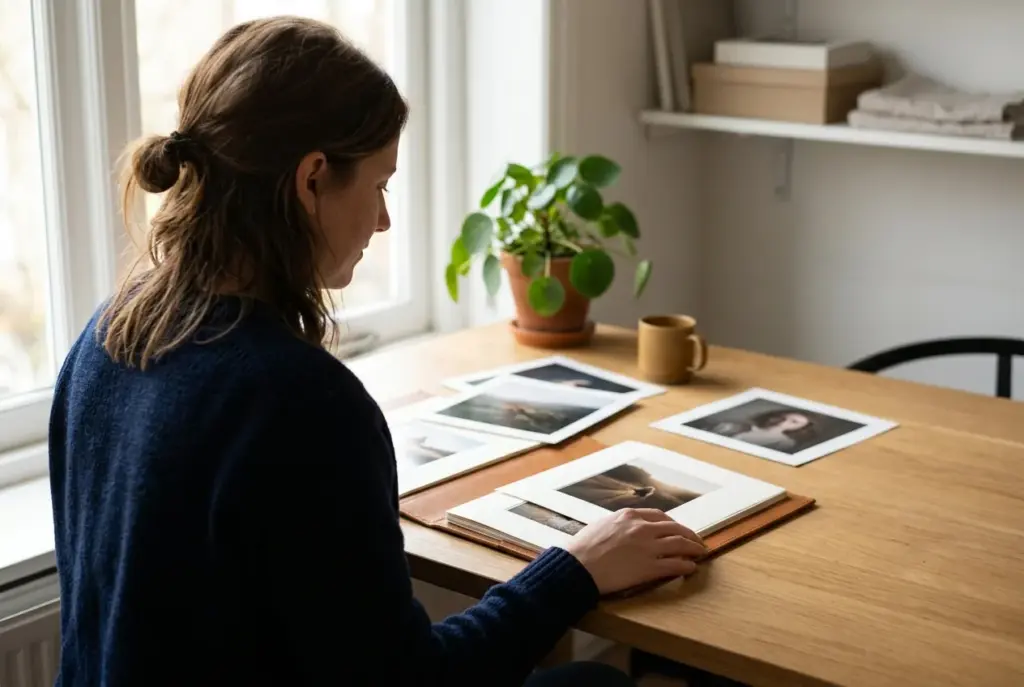 Luxe fotoalbum en afdrukken op bureau in licht interieur