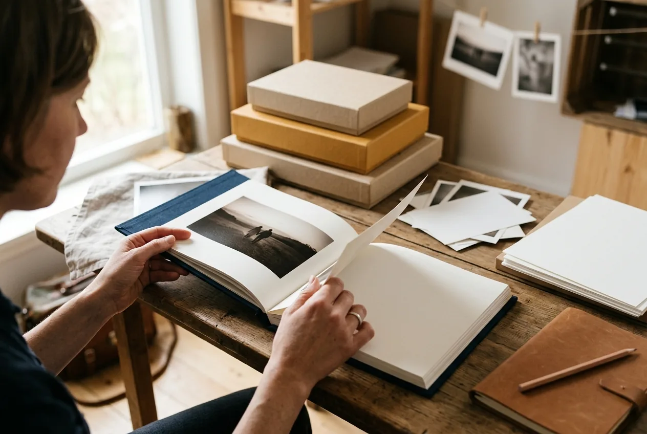 Detail van handen die fotoboek doorbladeren in warme sfeer