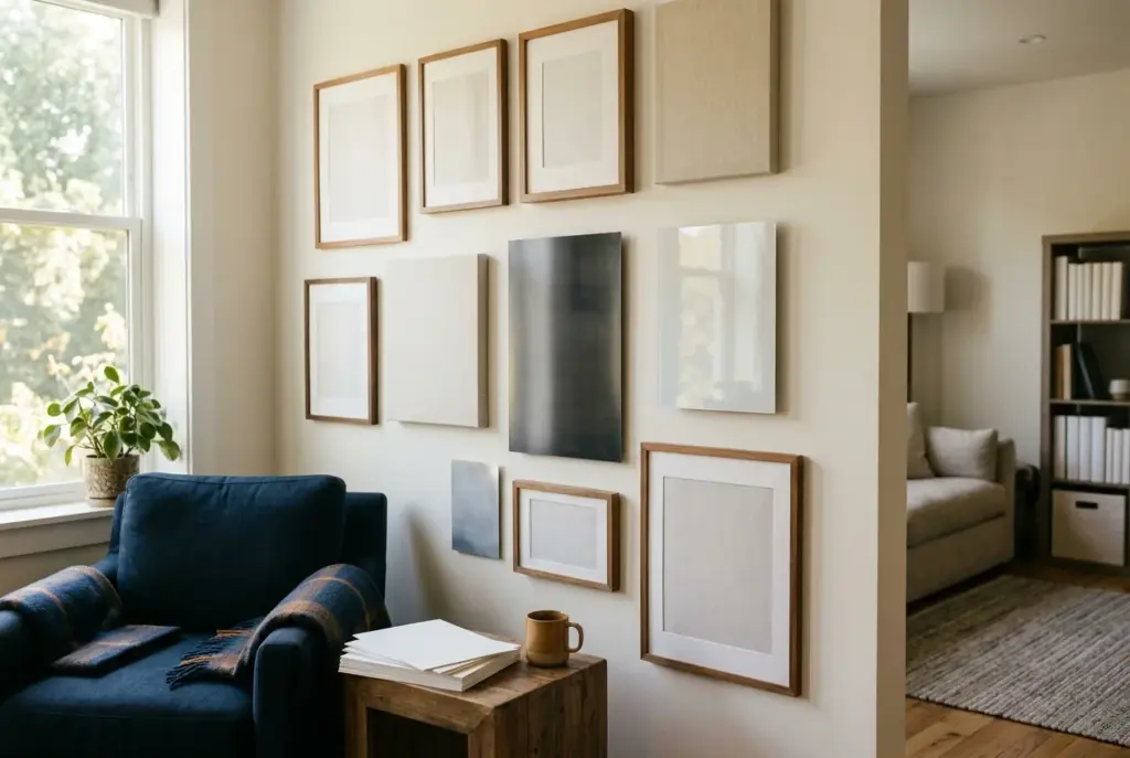 Woonkamer met verschillende fotoafdrukken op canvas, hout, plexiglas en metaal
