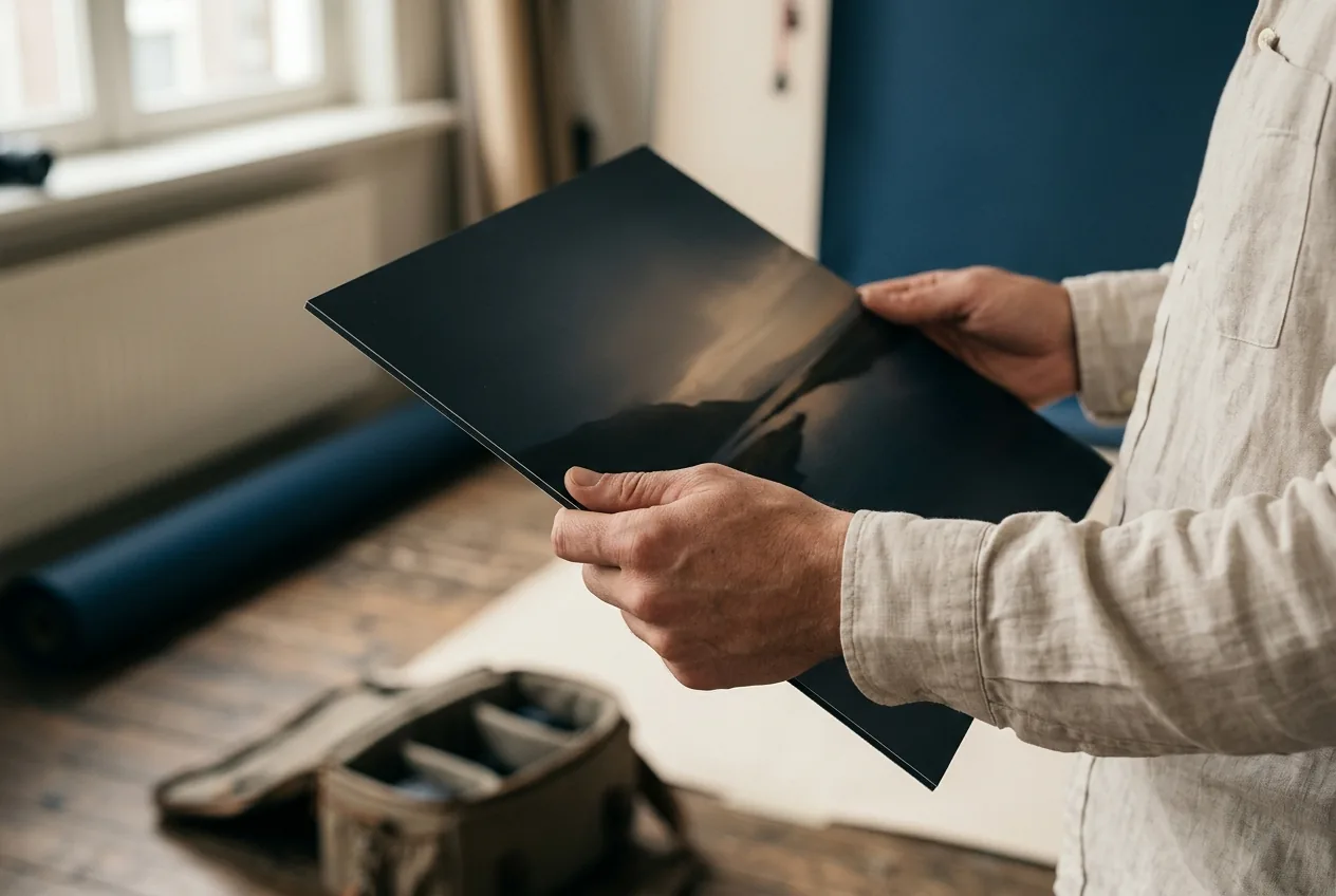 Handen houden een foto op mat dibond vast, zacht daglicht in modern interieur