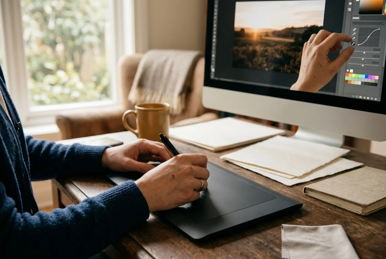 Handen werken aan fotobewerking met een tablet in een huiselijke kantoorruimte