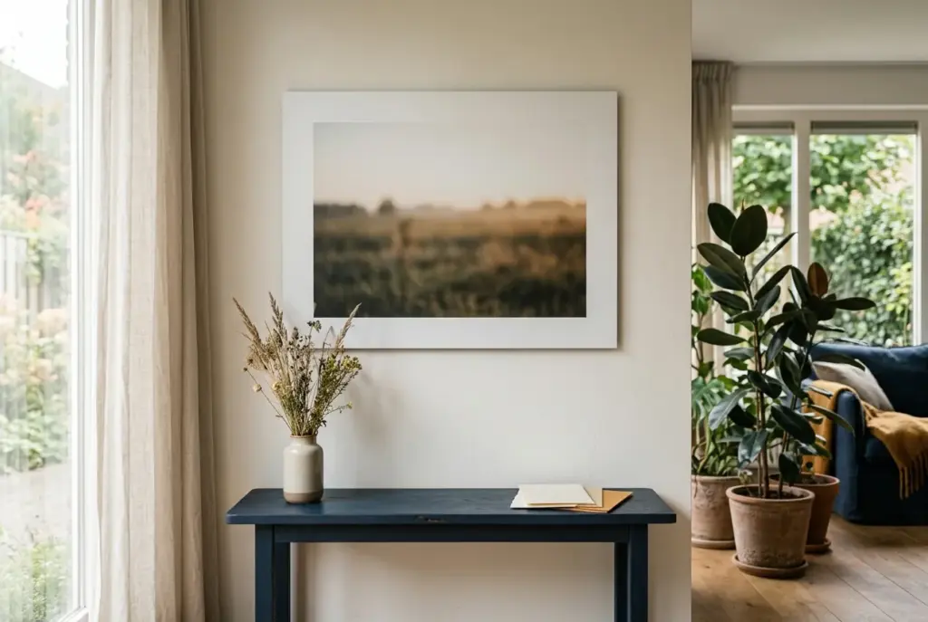 Mat-witte foto op aluminium dibond in een modern interieur
