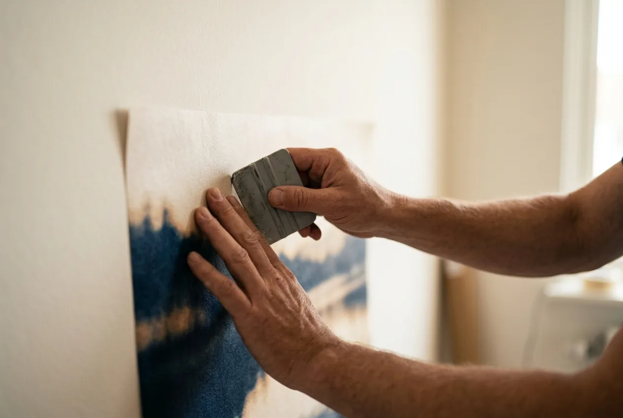 Handen die fotobehang gladstrijken op een muur
