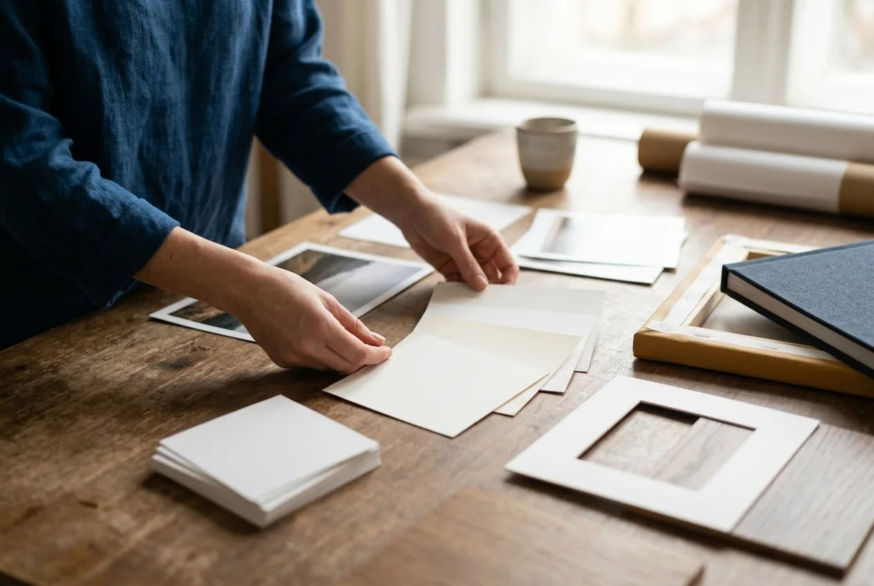 Handen kiezen uit verschillende fotoprints, lijsten en albummaterialen