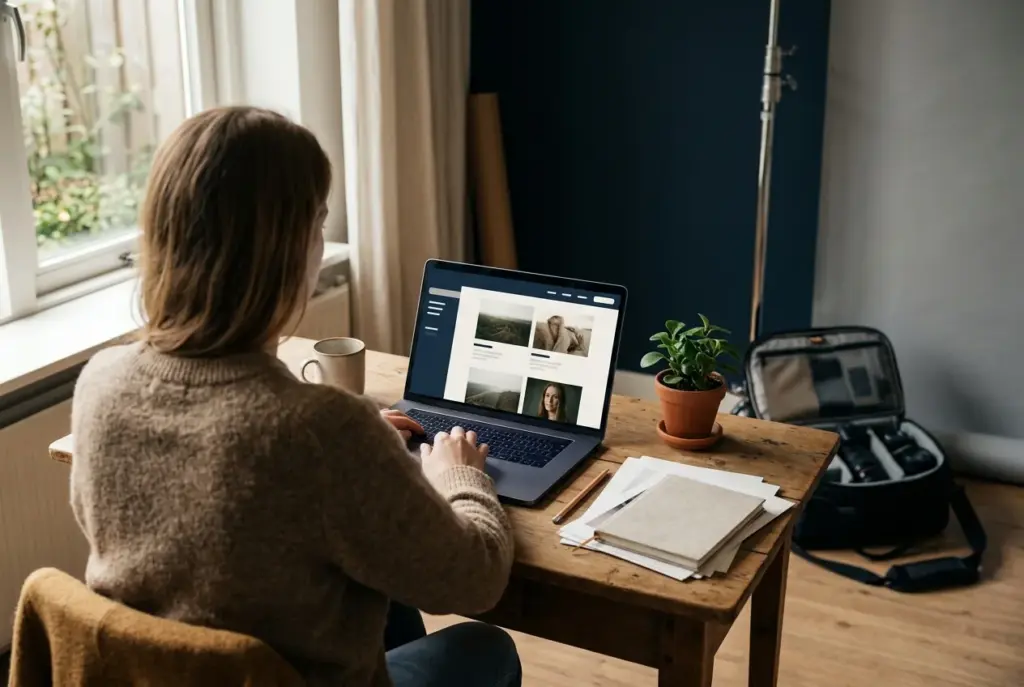 Tafel met laptop open op fotografieplatform, omringd door camera en daglicht