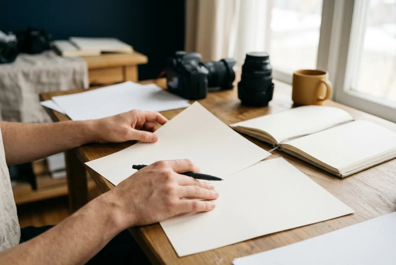Handen ondertekenen een fotografiecontract en modelvrijwaring, camera op de achtergrond