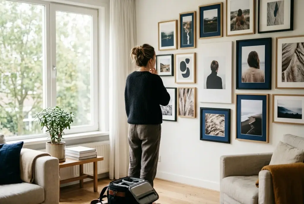 Lichte woonkamer met collage van fotolijsten en canvas wanddecoratie