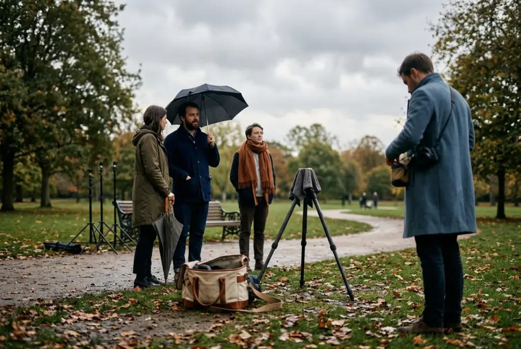 Groep wacht op fotoshoot in park bij bewolkt weer