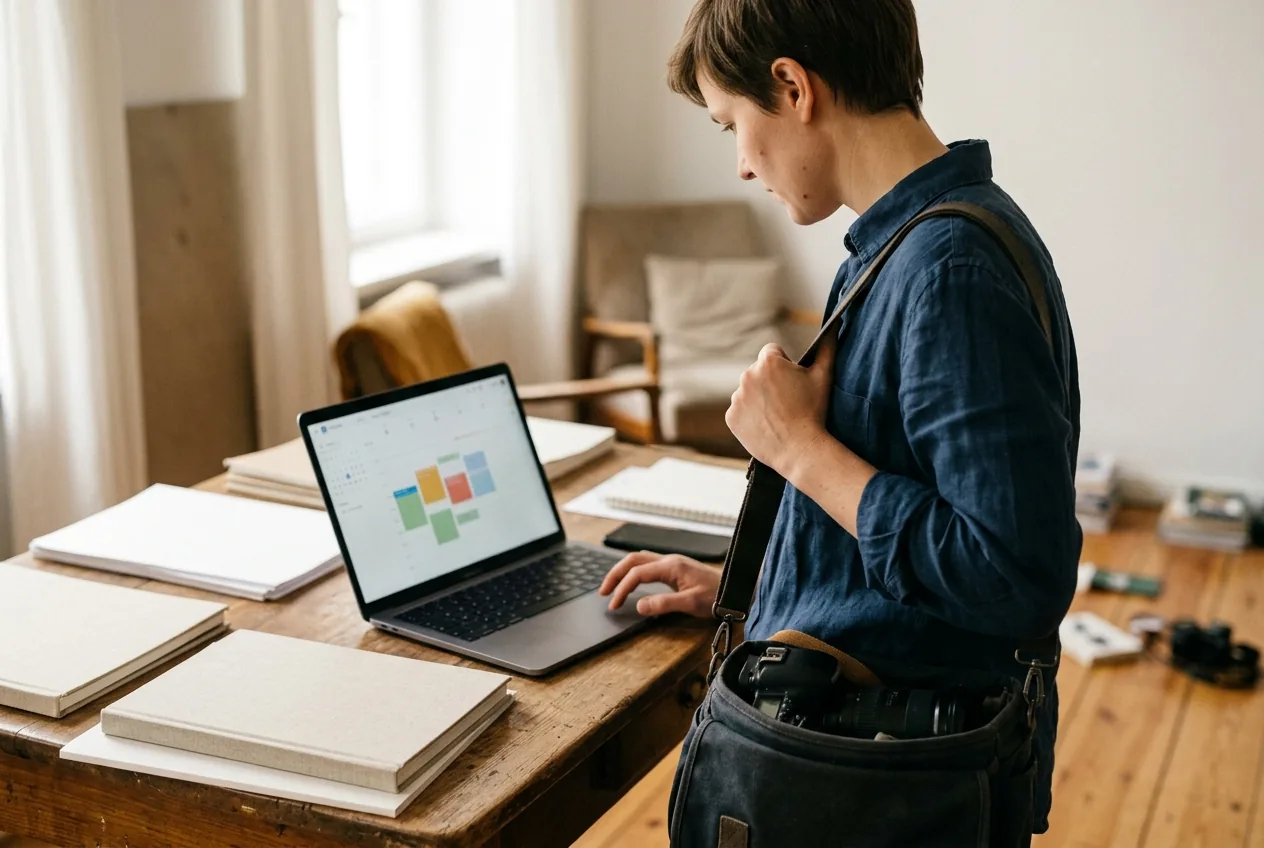 Fotograaf plant nieuwe afspraak op laptop