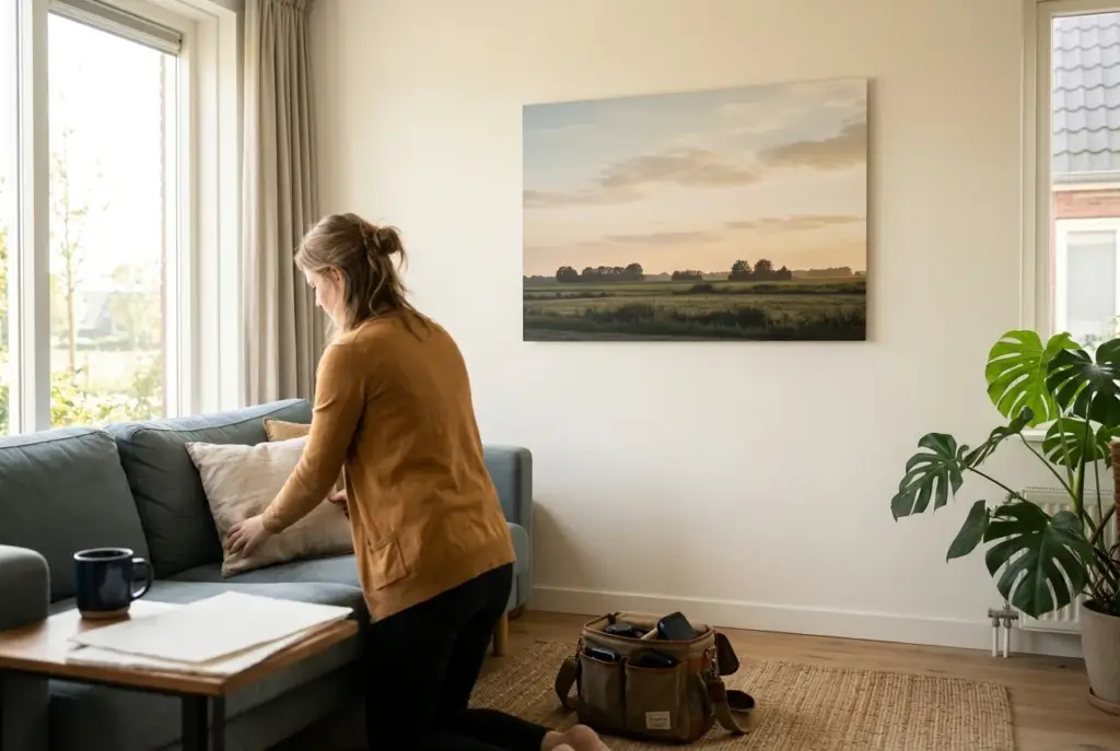 Lichte moderne woonkamer met groot fotopaneel aan de muur dat geluid dempt