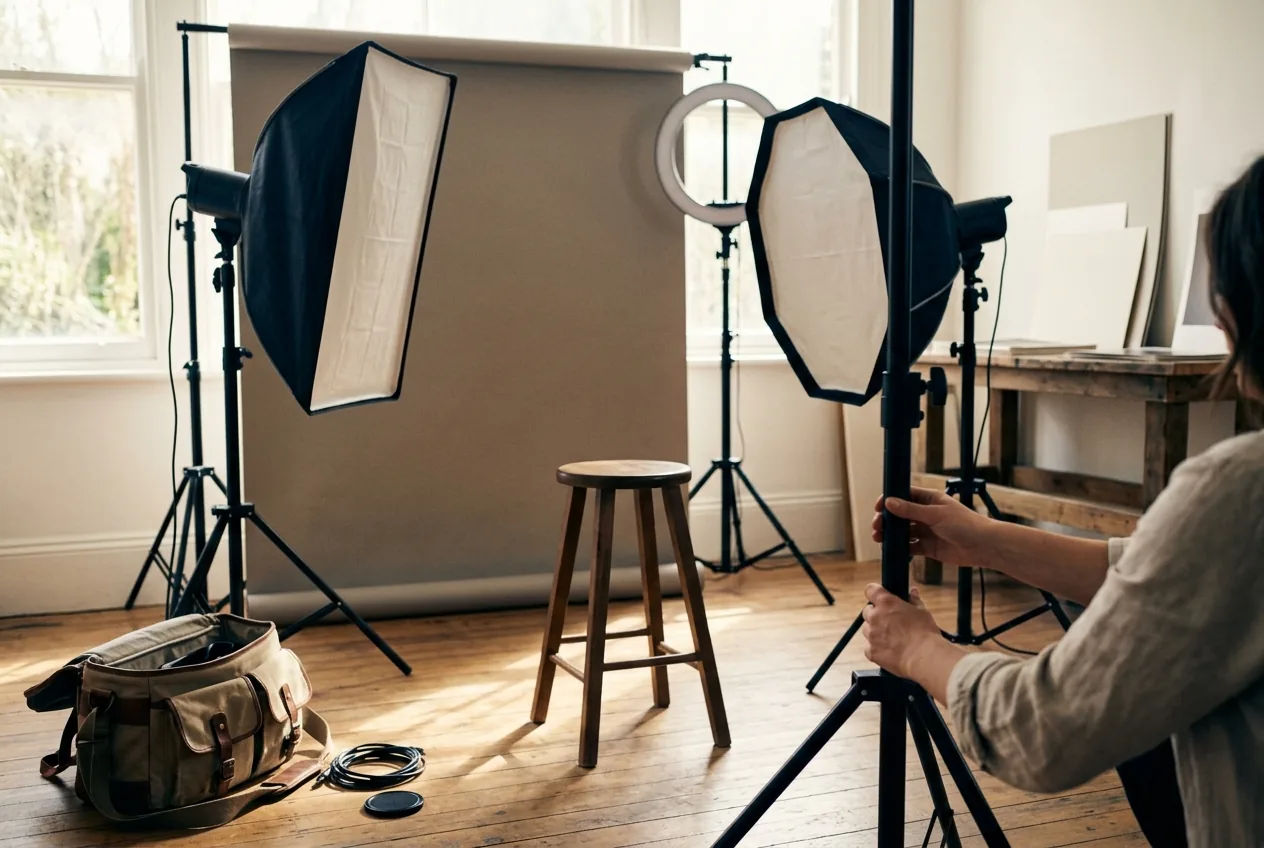 Studiouitrusting met softboxen, ringlamp en achtergrond, klaar voor zakelijke shoot