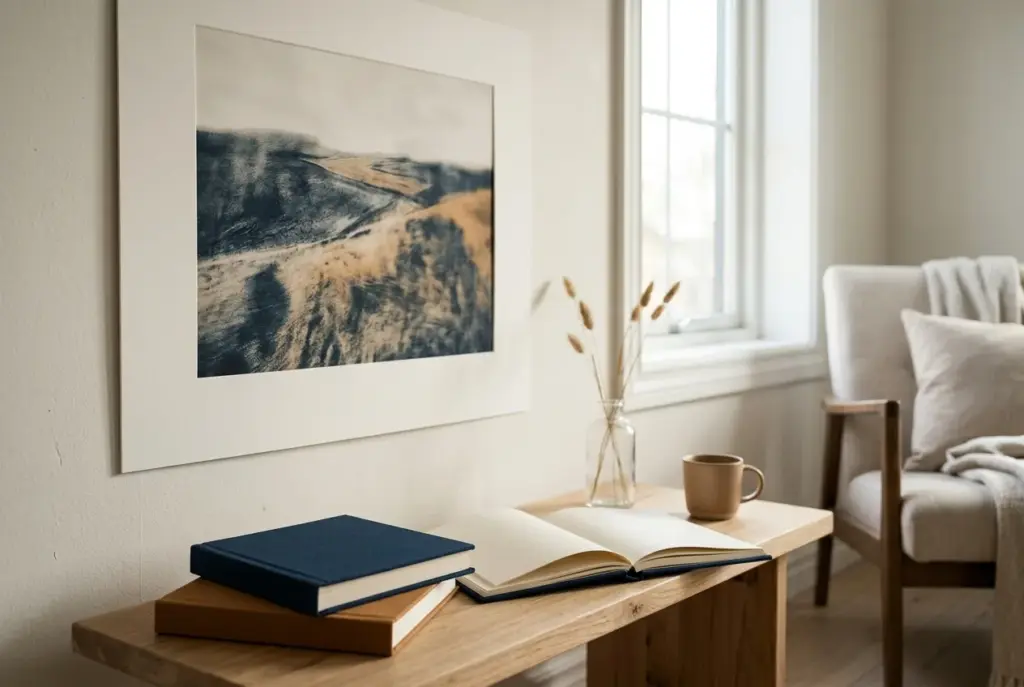 Woonkamer met grote fotoprint aan de muur en fotoalbums op tafel
