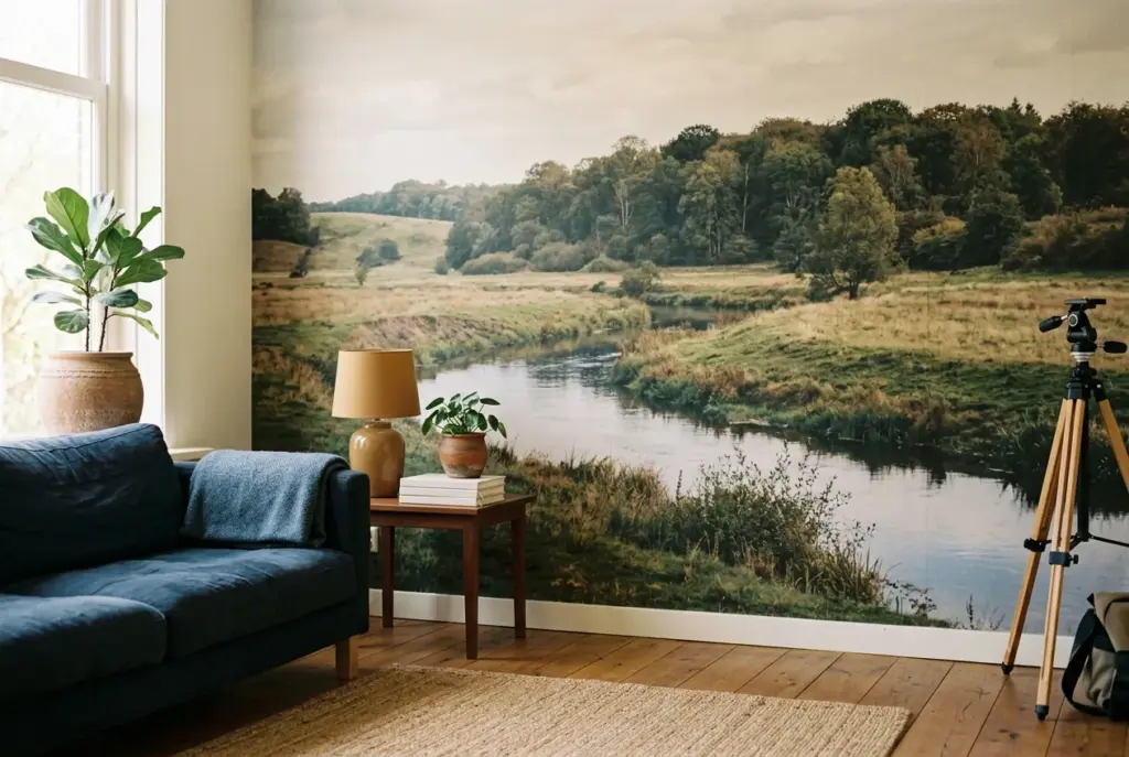 Woonkamer met naadloos fotobehang op een wand, natuurmotief