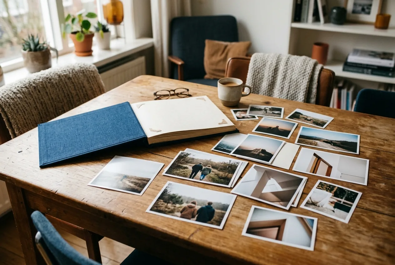 Fotoalbum en losse afdrukken op houten tafel in lichte woonkamer