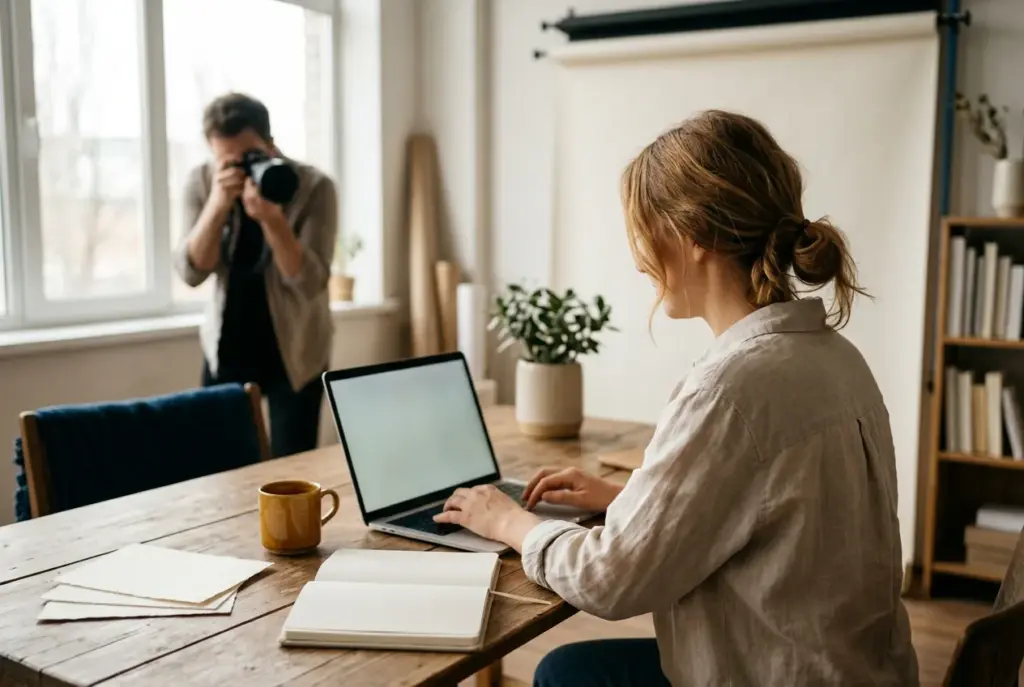 Personal branding fotoshoot met ondernemer achter laptop in lichte ruimte