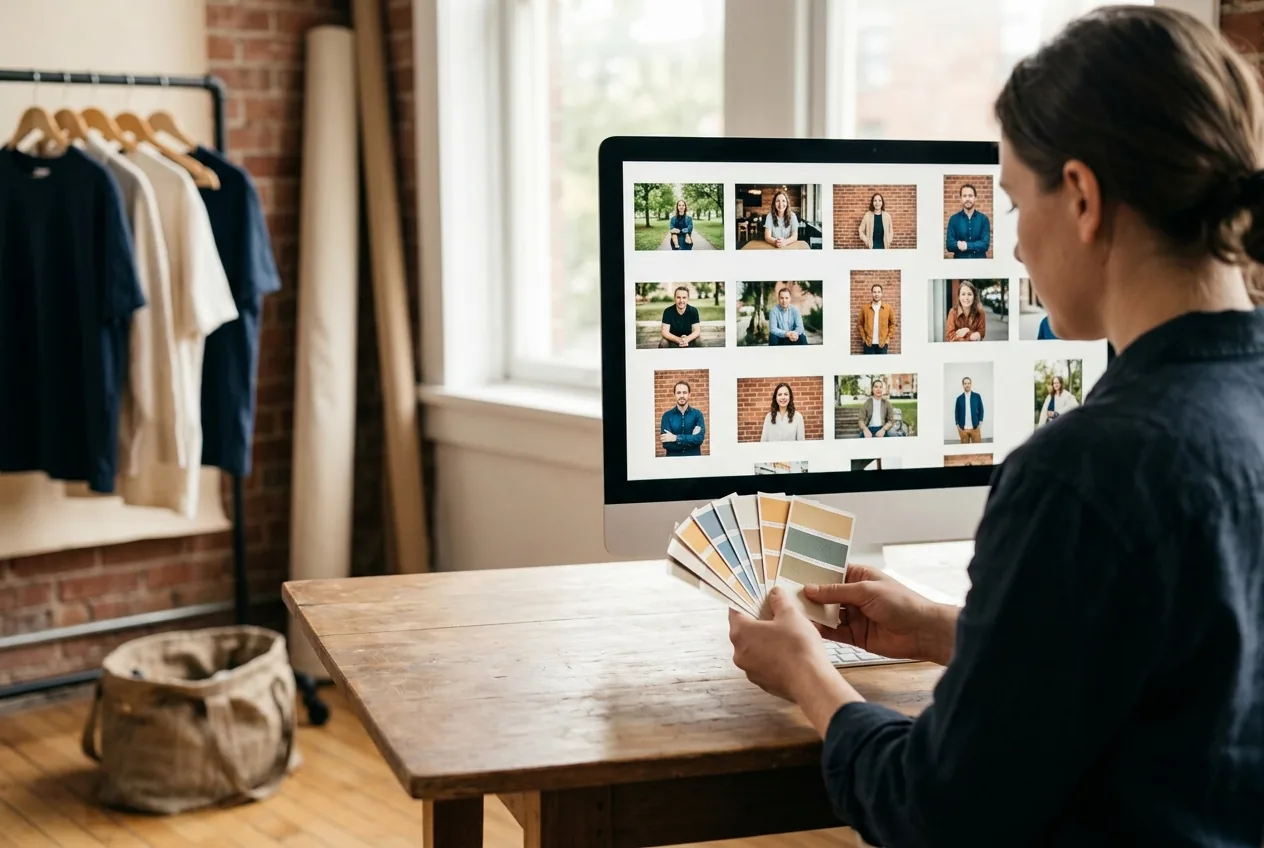Verschillende personal branding foto's op monitor met kleurstalen en diverse achtergronden