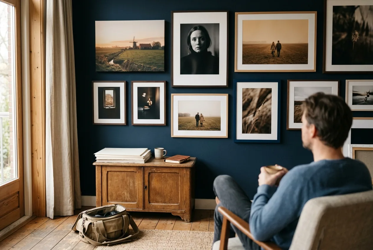 Grote fotolijsten en canvas aan een muur in een licht interieur
