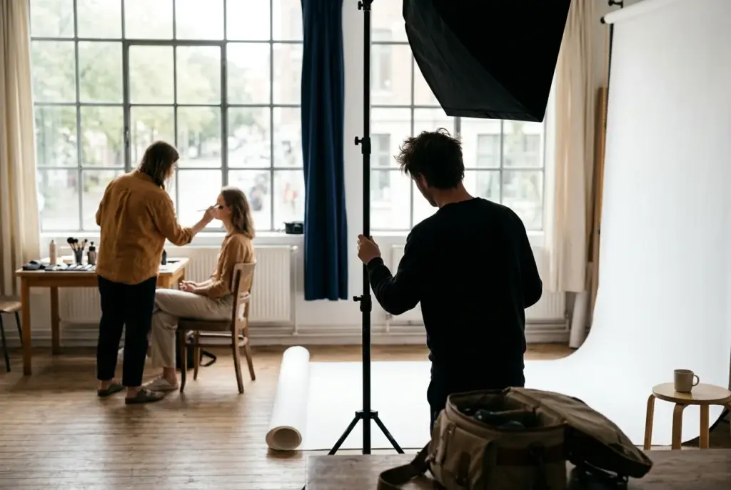 Professionele fotoshoot in een moderne daglichtstudio met visagist en studiobelichting