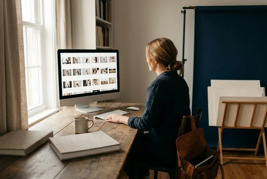 Fotograaf bekijkt ruwe beelden op een computerscherm, neutraal werklicht