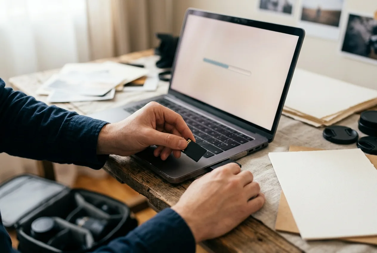 Hands die fotobestanden overzetten van geheugenkaart naar computer