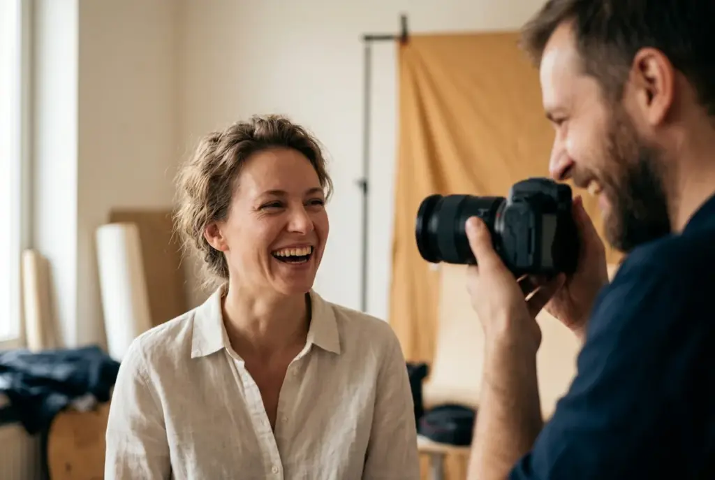 Twee mensen lachen spontaan tijdens een fotoshoot in een ontspannen sfeer