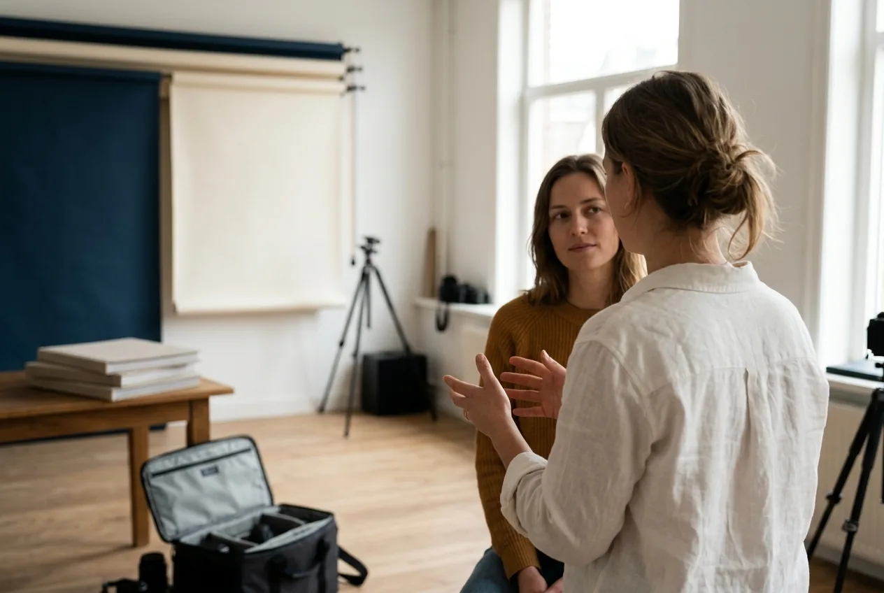Fotograaf geeft rustige aanwijzingen aan model in lichte studio