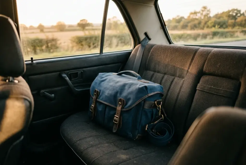 Fototas op de achterbank van een auto, klaar voor vertrek naar een fotoshoot