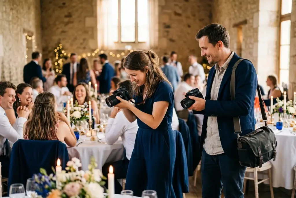 Twee fotografen aan het werk tijdens een bruiloft, ieder vanuit een andere hoek
