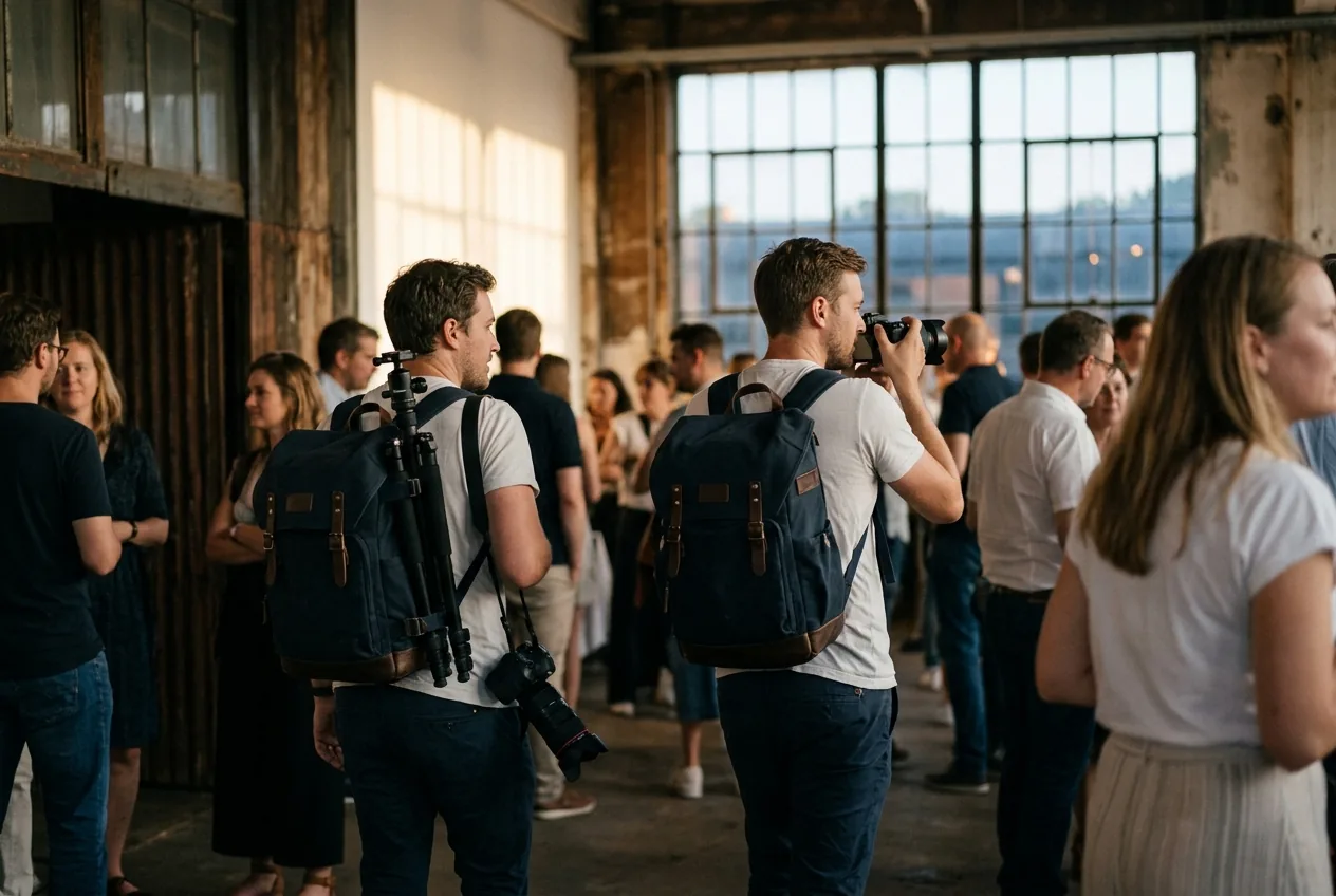 Fotografen lopen met tassen en apparatuur over een evenement, klaar om momenten vast te leggen