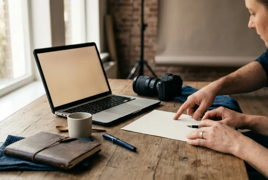 Fotograaf en klant bespreken offerte met laptop, camera en contract