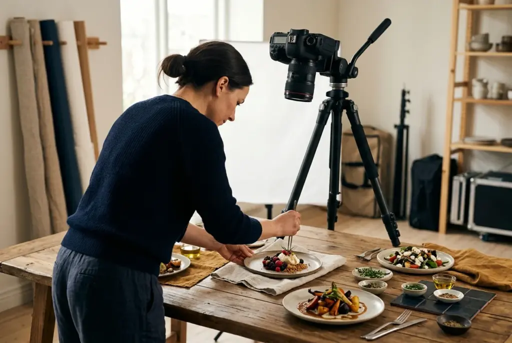 Foodfotograaf die gerechten stylet en fotografeert aan tafel