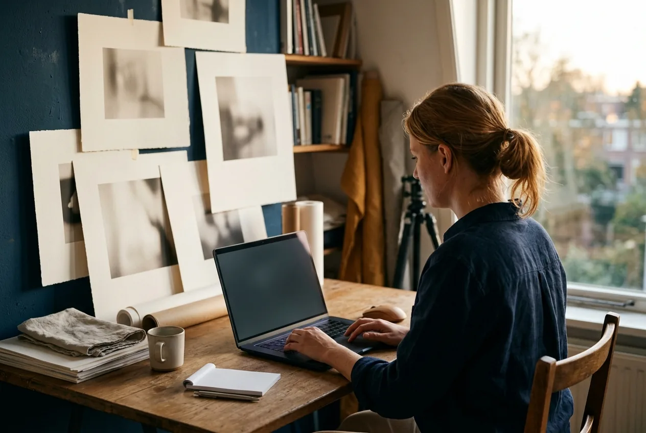 Fotograaf aan het nabewerken van foto's met grote afdrukken op de achtergrond