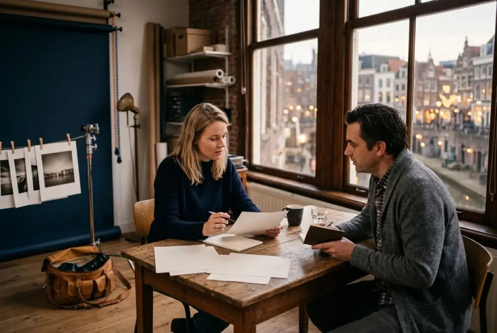 Twee fotografen bespreken tarieven in een studio met uitzicht op de stad