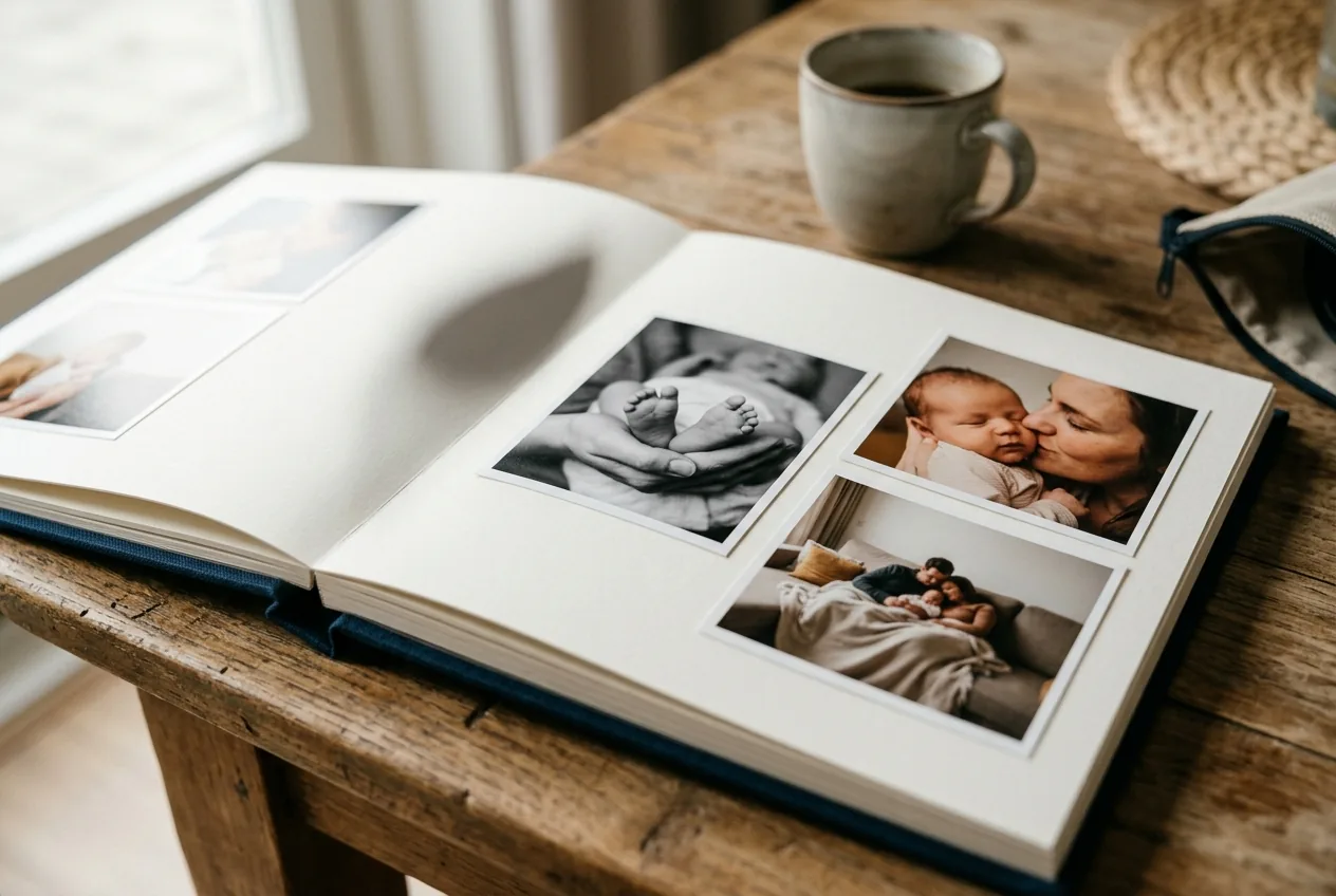 Open geboorteboek met foto's van pasgeboren baby en gezin