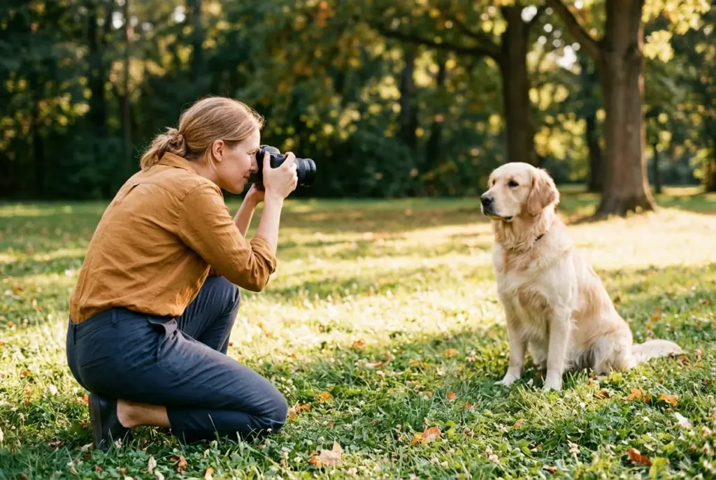 Fotograaf legt rustige hond vast in zonovergoten park