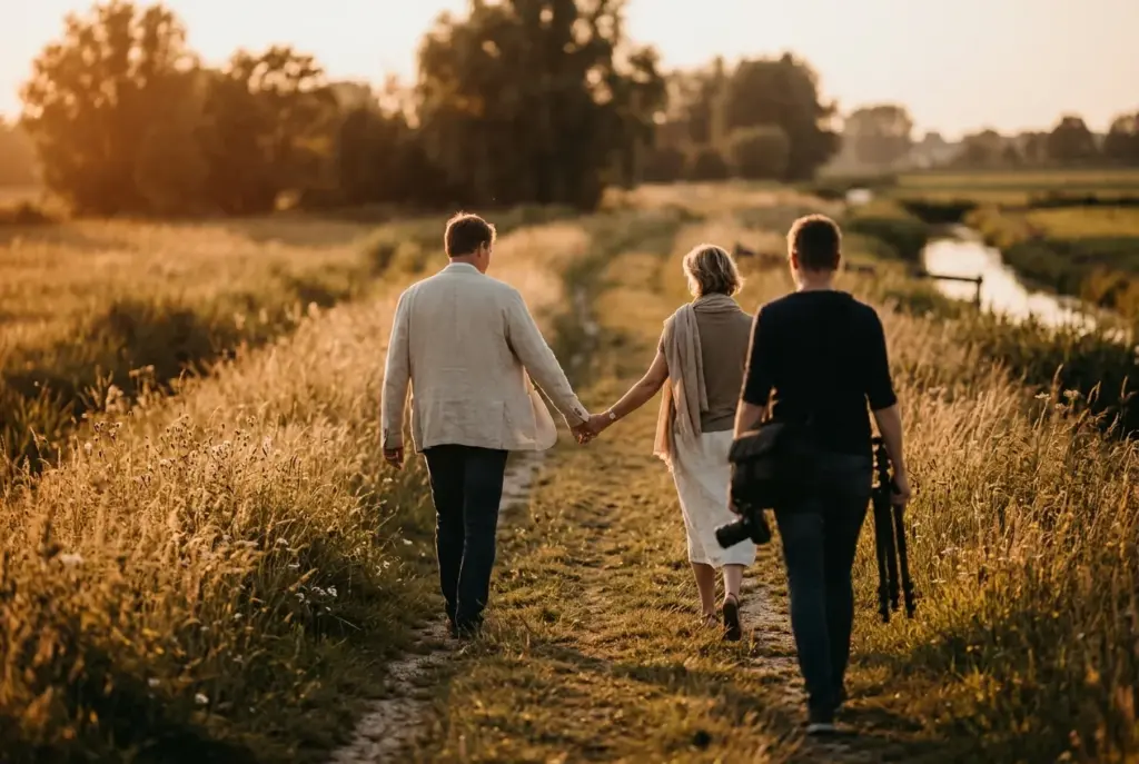 Stel tijdens loveshoot in warme avondzon buiten