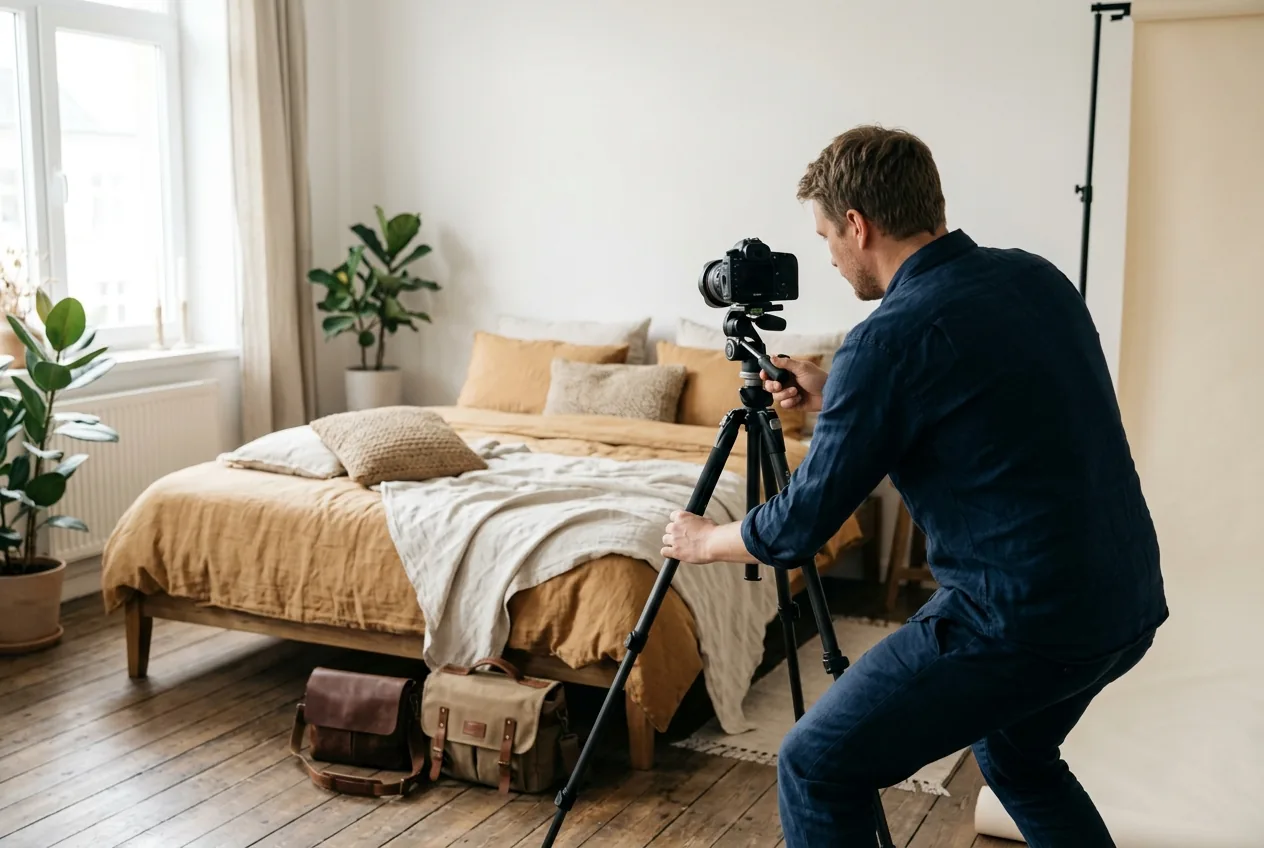 Vastgoedfotograaf stelt het statief af in een slaapkamer