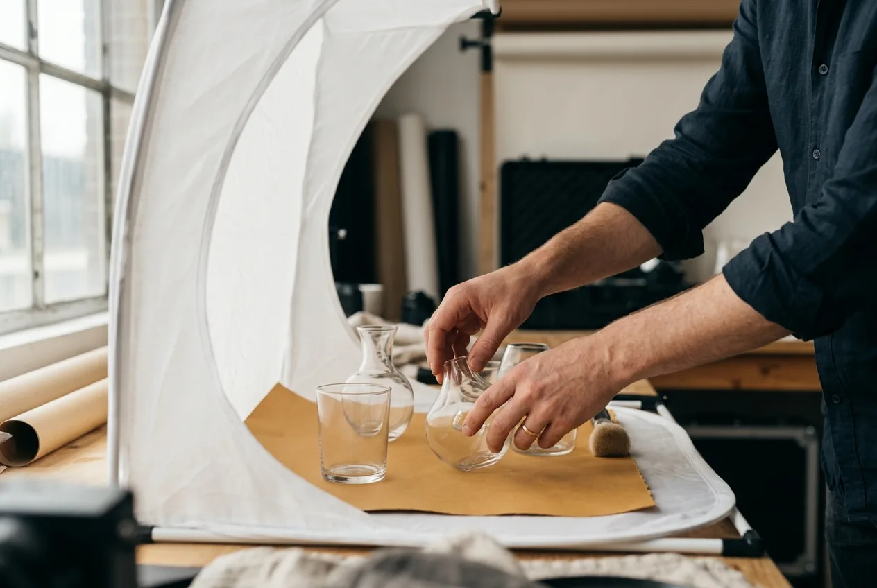 Handen rangschikken glazen producten in lichttent voor productfotografie