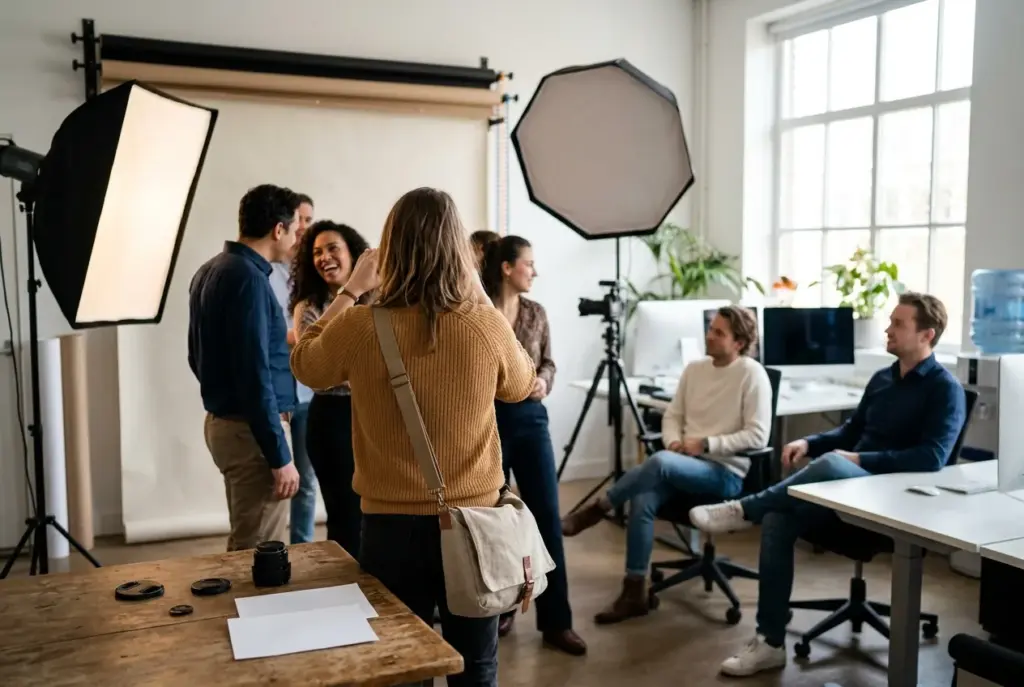 Mobiele fotostudio op kantoor voor zakelijke teamfoto’s