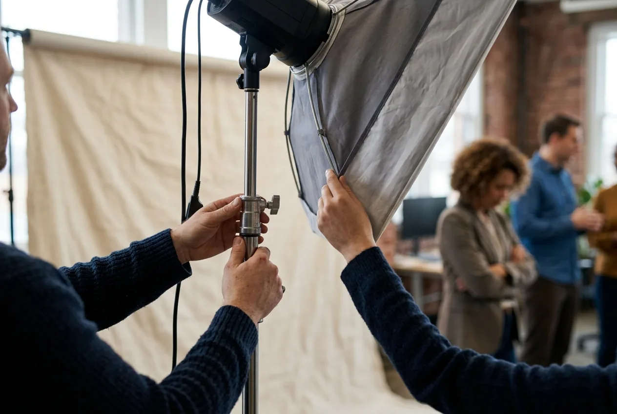 Fotograaf stelt studiolicht en achtergrond af voor teamshoot op kantoor