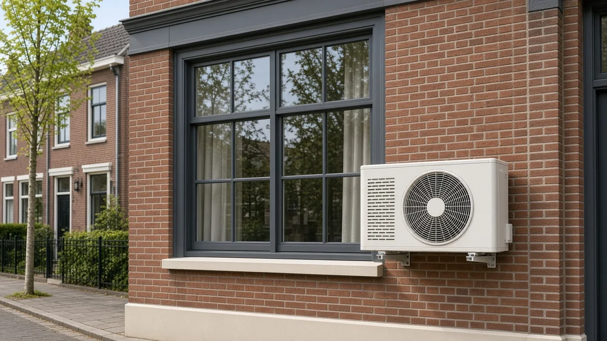 Een buitenunit aan een huis in de straat