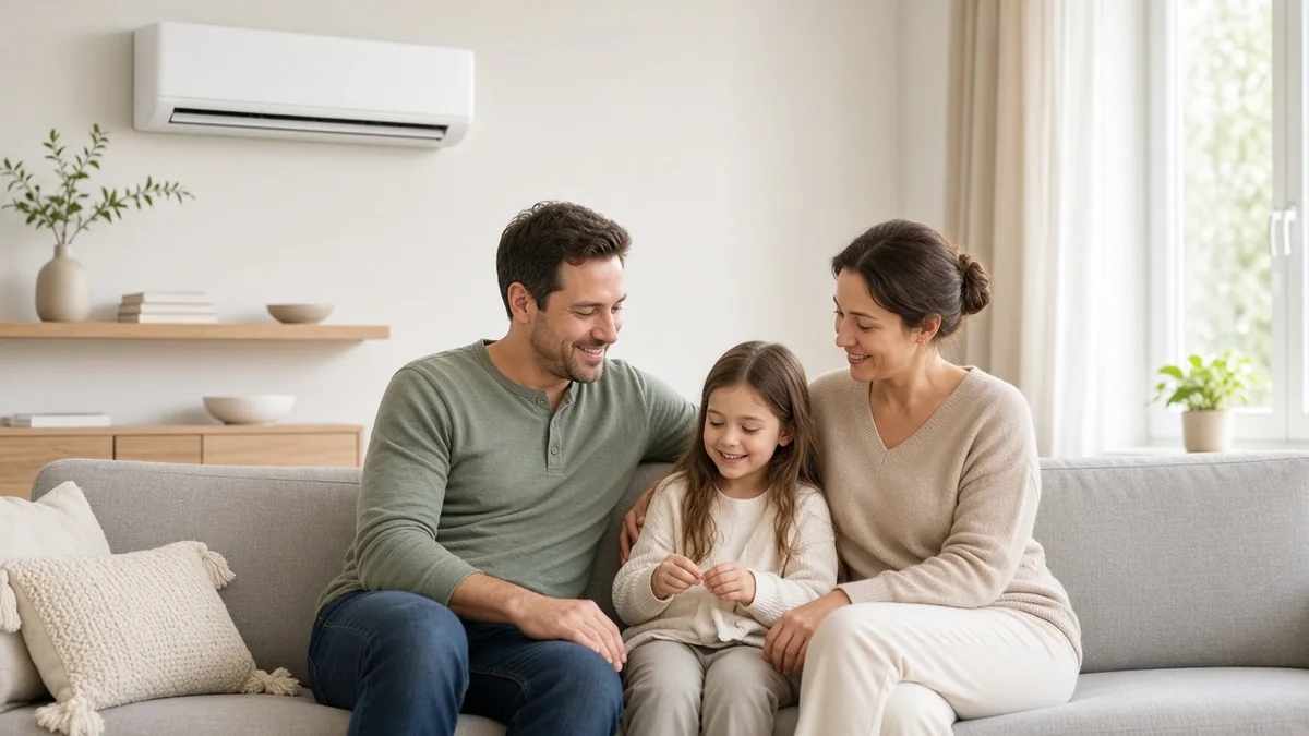 Een gezin en de airco in de woonkamer